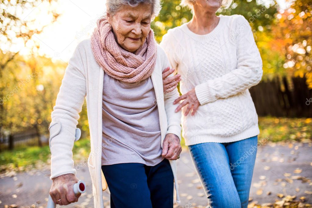 Senior women on a walk in autumn nature.