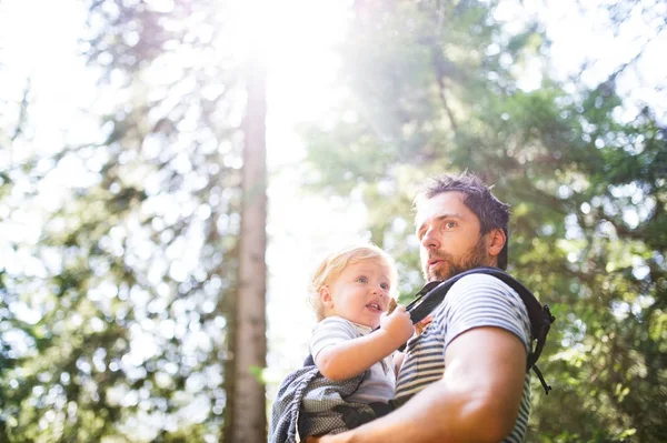 Padre joven con niño en el bosque, día de verano . — Foto de Stock