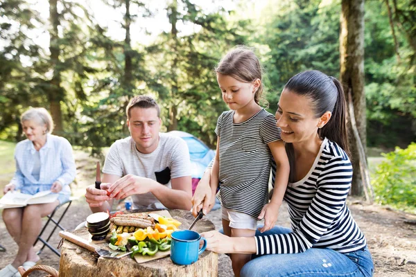 Schöne Familiencamping im Wald, gemeinsames Essen. — Stockfoto