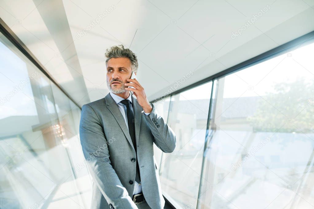 Mature businessman with smartphone travelling.