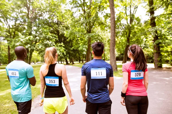 Grup genç sporcuların çalıştırmak yeşil güneşli park için hazırlanan.