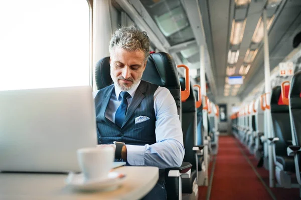 Rijpe zakenman met laptop reizen per trein. — Stockfoto