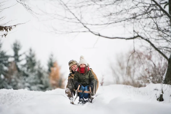 Farfar och liten flicka pulka en vinterdag. — Stockfoto