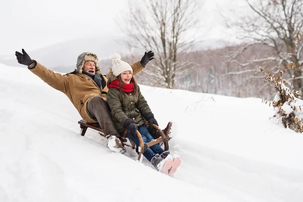 Farfar och liten flicka pulka en vinterdag. — Stockfoto