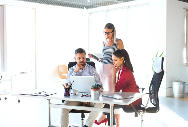 Drei Geschäftsleute im Büro arbeiten zusammen. — Stockfoto