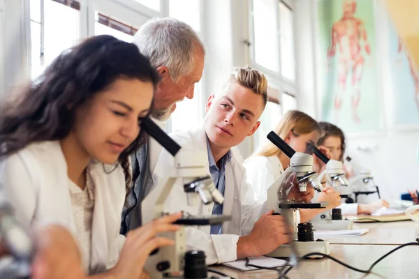 Professor sênior ensinando biologia para alunos em laboratório . — Fotografia de Stock