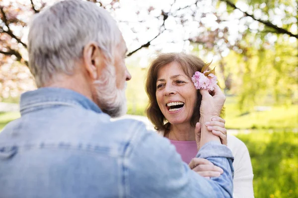 Schönes Seniorenpaar verliebt draußen in der Frühlingsnatur. — Stockfoto