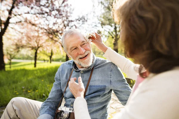 Beautiful senior couple in love outside in spring nature. — Stock Photo, Image