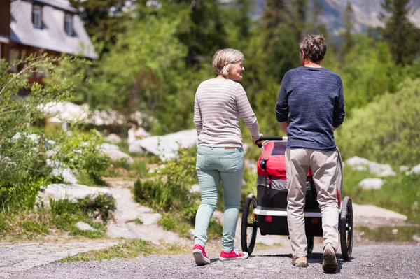 Senior couple with a jogging stroller, summer day. — Stock Photo, Image