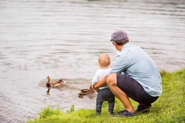 Otec a syn u jezera v létě. — Stock fotografie