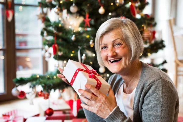 Femme âgée devant l'arbre de Noël avec cadeau . — Photo