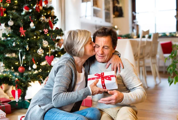 Couple aîné devant l'arbre de Noël avec des cadeaux . — Photo