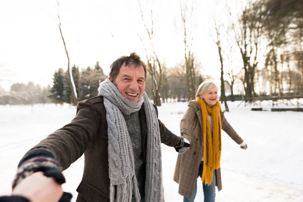 Äldre par i soliga vintern natur skridskoåkning. — Stockfoto