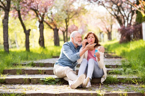 Красива старша пара закохана зовні у весняну природу . — стокове фото