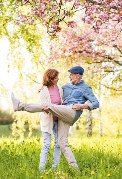 Beautiful senior couple in love outside in spring nature. — Stock Photo, Image