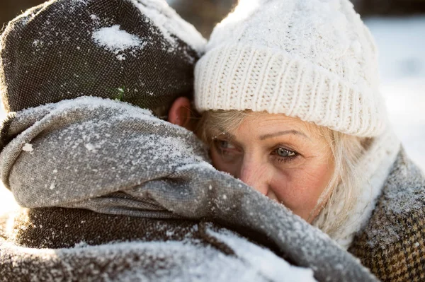 Красива старша пара в сонячній зимовій природі . — стокове фото