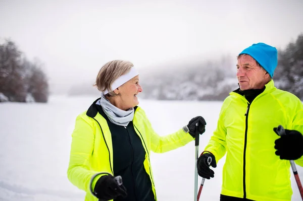 Senior couple cross-country skiing. — Stock Photo, Image
