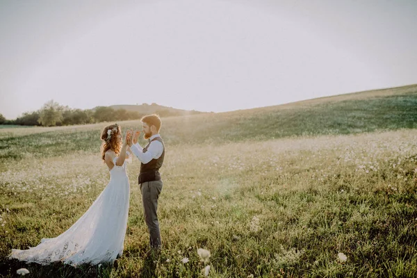 Vackra bruden och brudgummen vid solnedgången i gröna naturen. — Stockfoto