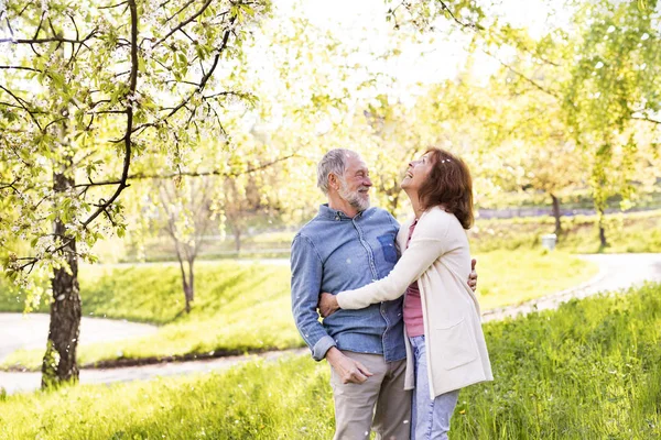 Casal sênior bonita no amor fora na natureza primavera . — Fotografia de Stock