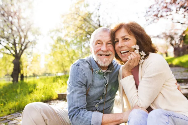 Vackra äldre par i kärlek utanför i vår natur. — Stockfoto