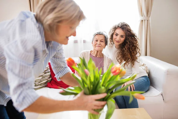 Een tienermeisje, moeder en grootmoeder thuis. — Stockfoto