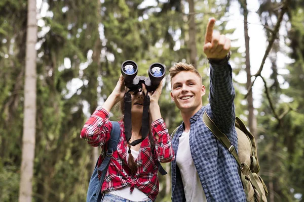 Genç çift ormanda hiking. Yaz tatili. — Stok fotoğraf