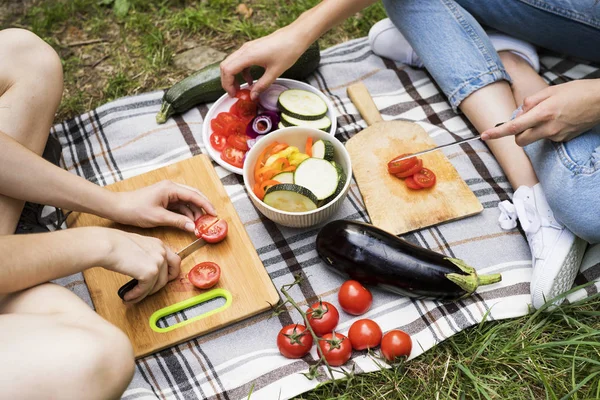 Jugendliche kampieren und kochen bis zur Unkenntlichkeit. — Stockfoto