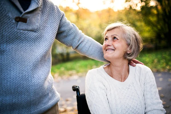 Senior paar in rolstoel in de herfst natuur. — Stockfoto