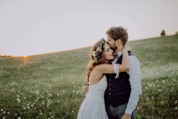 Güzel gelin ve damat yeşil doğa gün batımında. — Stok fotoğraf