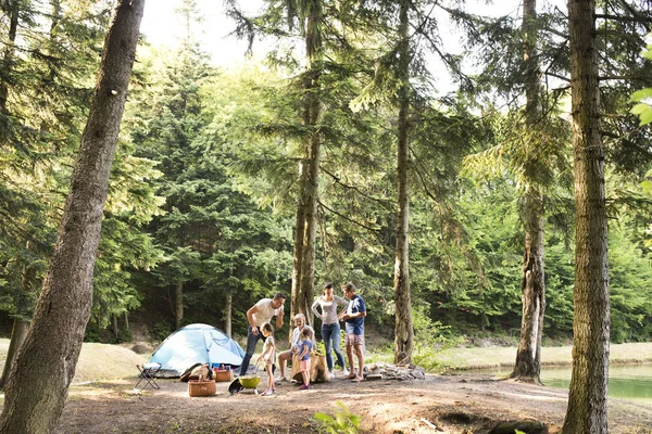 Família bonita acampar na floresta . — Fotografia de Stock