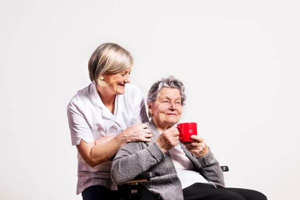 Studio portrait of a senior woman in wheelchair and a nurse. — Stock Photo, Image