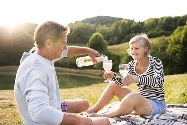 Senior couple at the lake having a picnic.
