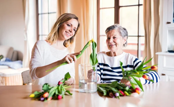 Grand-mère âgée avec une petite-fille adulte à la maison . — Photo