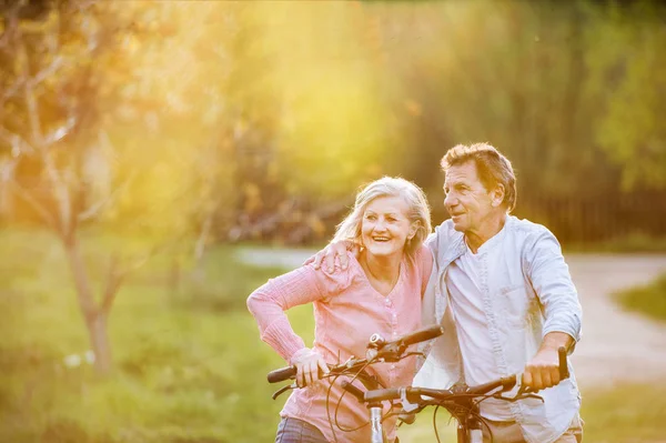 Vacker äldre par med cyklar utanför i vår natur. — Stockfoto
