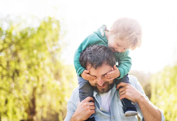 Bir baba oğluyla yürümeye başlayan çocuk dışında bahar doğa. — Stok fotoğraf