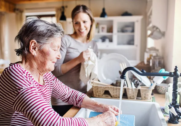 An elderly grandmother with an adult granddaughter at home, washing the dishes. — Stock Photo, Image