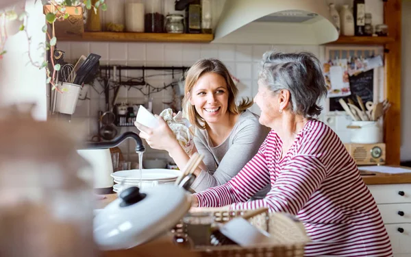 Una abuela anciana con una nieta adulta en casa, lavando los platos . — Foto de Stock