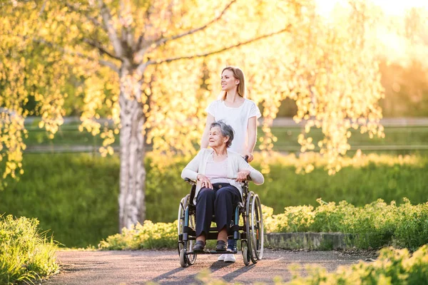 春の自然の孫娘と車椅子の高齢者の祖母. — ストック写真