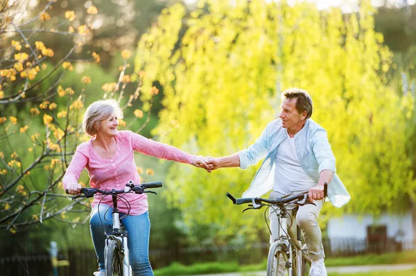 Schönes Seniorenpaar mit Fahrrädern draußen in der Frühlingsnatur. — Stockfoto