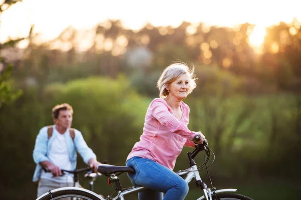 Старшая пара с велосипедами на свежем воздухе на весенней природе . — стоковое фото