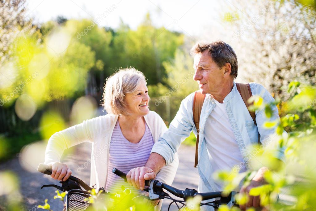 Beautiful senior couple with bicycles outside in spring nature.