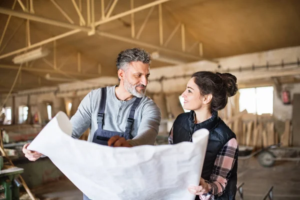 Lavoratori e lavoratrici nella falegnameria. — Foto Stock