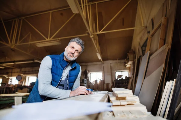 Άνδρας εργαζόμενος στο εργαστήριο ξυλουργικής, που εργάζονται με ξύλο. — Φωτογραφία Αρχείου