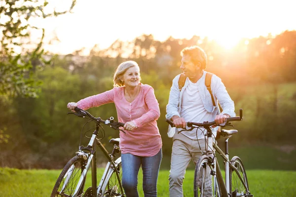 Beau couple aîné avec vélos à l'extérieur dans la nature printanière . — Photo