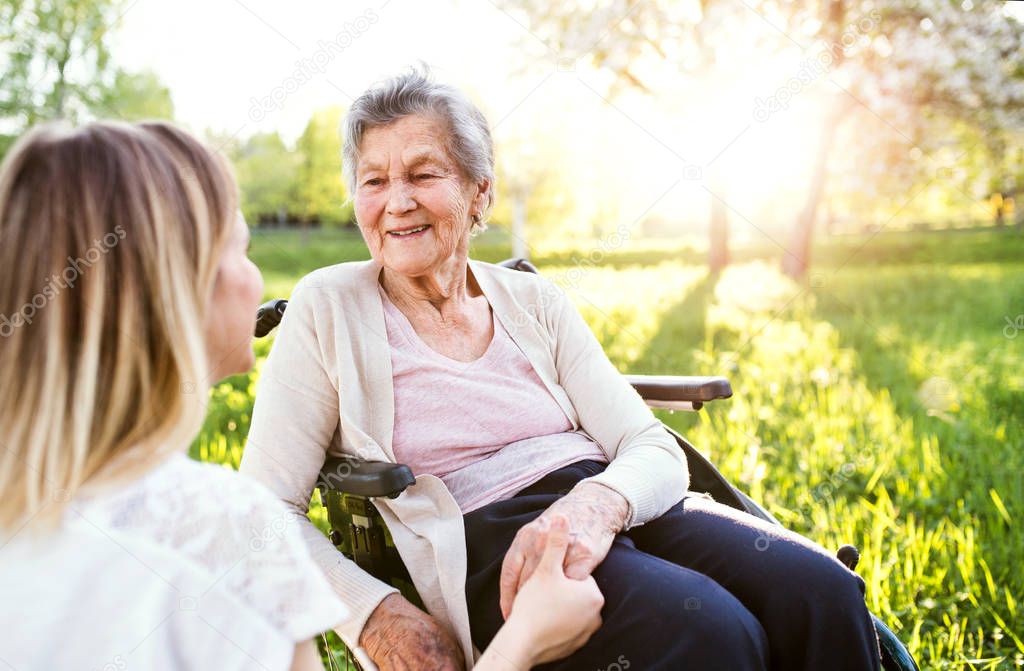 Elderly grandmother in wheelchair with granddaughter in spring nature.
