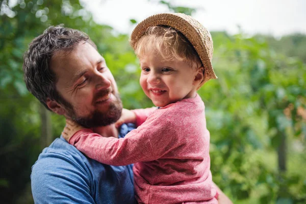 A close-up of father with toddler boy standing outdoors in garden in summer. — Stock Photo, Image