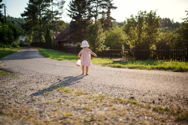 En bakifrån av söta småbarn flicka promenader utomhus på vägen på landsbygden . — Stockfoto