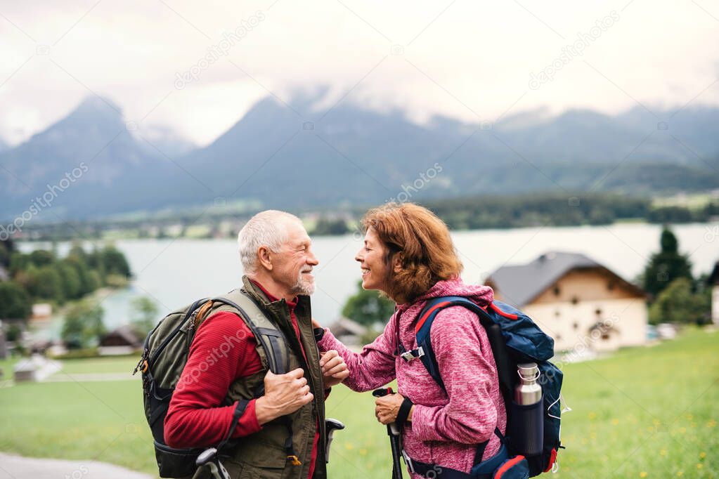 Senior pensioner couple with nordic walking poles hiking in nature, talking.