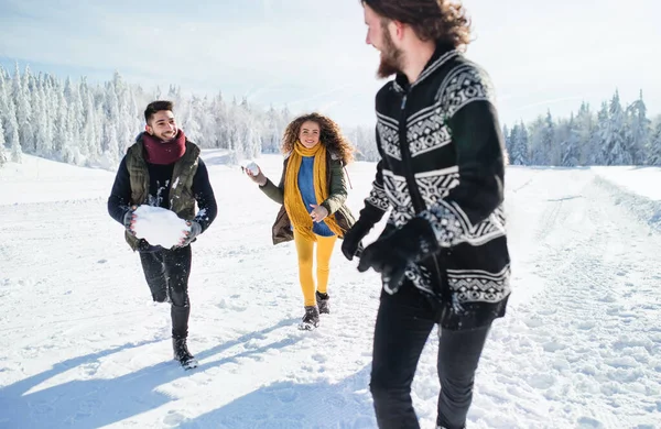 Grupp unga vänner på en promenad utomhus i snö i vinterskogen, ha kul. — Stockfoto
