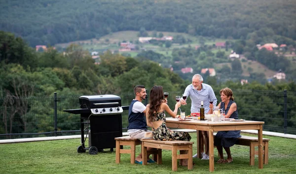 Портрет людей з вином на відкритому повітрі на сімейному саду барбекю . — стокове фото